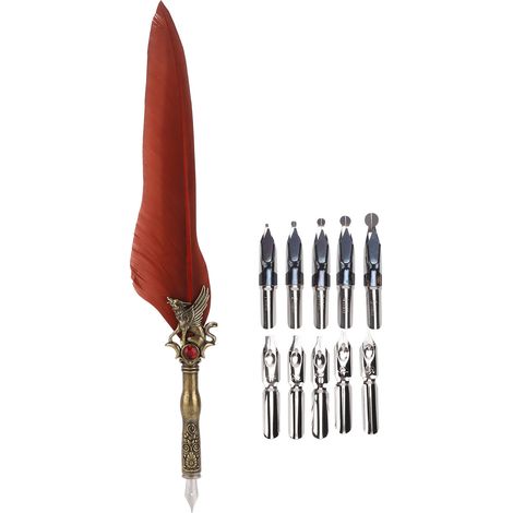 Feather Pen Craft Retro Carved Stainless Steel Dip Pencil for Signature Gift Table DecorationBrown Red (1/5)