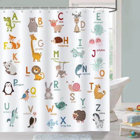 Rideau de Douche pour Enfants ABC Alphabet Animaux Rideau de Bain Tissu Polyester Anti Moisissure Imperméable Lavable Rideaux Salle de Bain 180 x 180 cm avec 12 Crochets pour Baignoire