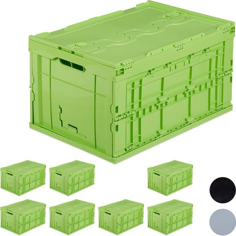 8 Cajas de Almacenaje con Tapa Plegables, 60 L de Capacidad, Plástico, 32,5 x 58,5 x 39,5 cm, Verde