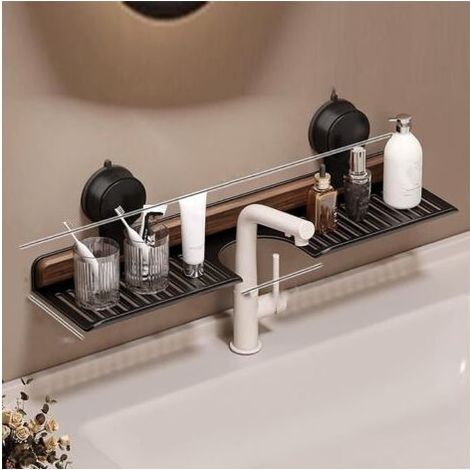 Étagère de salle de bain à ventouse en noyer, étagères de lavabo sans perçage au-dessus du robinet, support mural au-dessus du robinet de cuisine (noir, 50 cm) (1/4)