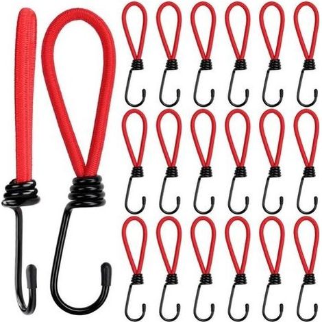 Lot de 20 Tendeurs Elastique avec Crochets en Métal - 15 cm - Tendeur Bache Rouge Crochet Sandow Très Résistant pour Camping, Tarpes, Tentes Canopées (1/5)