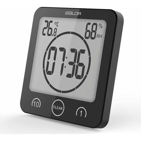 Horloge murale numérique pour salle de bain avec alarme, étanche aux jets d'eau, écran tactile, affichage de la température et de l'humidité, trou de suspension avec ventouse (noir) (1/5)