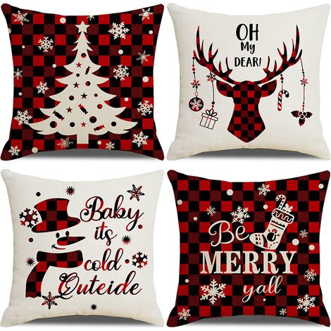 Lot de 4 Housses de coussin, 45x45 cm, Lin rustique, Motifs Noël, Fermeture éclair invisible, Décoration salon (1/5)