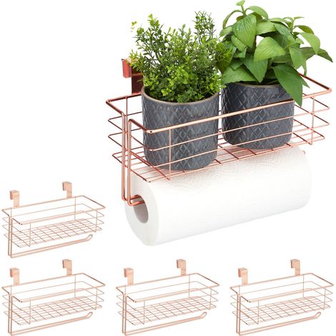 5x paniers suspendus avec porte rouleau de cuisine, rangement, cuisine et bain, métal, HxLxP : 18 x 31 x 17 cm, cuivre (1/5)