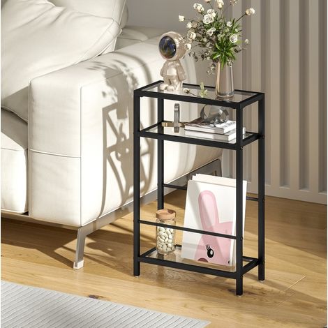 Table d’appoint en verre trempé noir 40 cm, 3 niveaux, structure en acier gain de place (1/5)