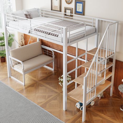 Lit superposé 90 x 200 cm en métal, lit mezzanine avec canapé-lit amovible, rangement intégré et escalier sécurisé – blanc (1/4)