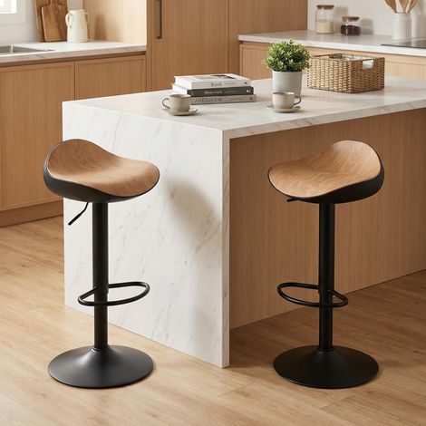 Lot de 2 Tabourets de Bar Effet Bois, Tabouret de Bar Réglable en Hauteur 59–83 cm, Siège en PU Ergonomique, Pivotant 360°, sans Dossier avec Repose-Pieds, Cuisine et Salle à Manger (1/5)