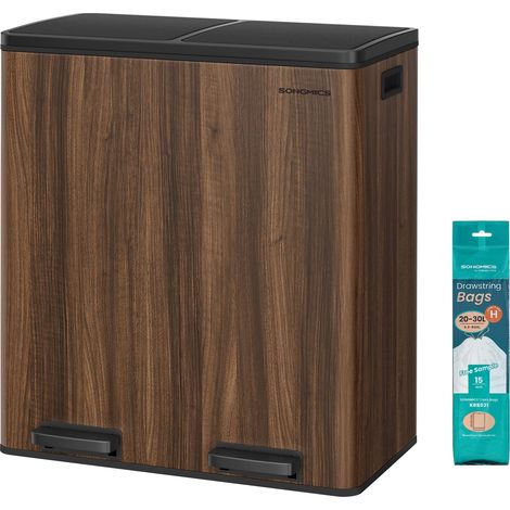 Poubelle à Double Compartiment 2 x 30 L, avec 15 Sacs Poubelles, Pédales en Métal, 2 Seaux Intérieurs en Plastique, Couvercles, Poignées, Fermeture en Douceur, Noyer foncé LTB060N02 (1/5)