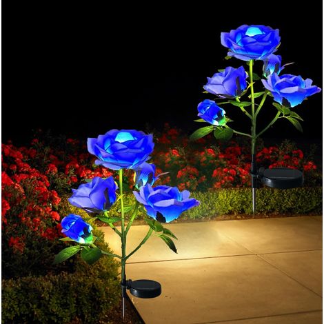 Solar-Gartenleuchten – Solar-Wegeleuchten, dekorative LED-Solarleuchten für den Außenbereich mit 10 Rosenblüten, für wasserdichte Rasengarten-Wege-Wege-Dekoration (blau)