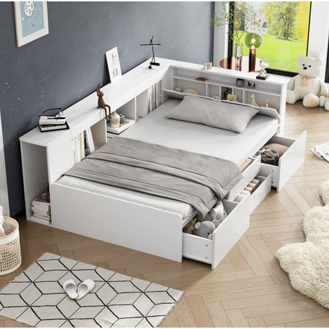 Bett für Kinder 90x200 cm modern aus MDF Weiß mit Lattenrost, 4 Schubladen, seitlichem Bücherregal und Stauraum (1/5)