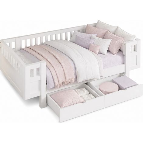 Lit enfant 90x200 en bois blanc avec grand garde-corps tout autour et 2 tiroirs de rangement, design scandinave gain de place pour enfants et ados  CHICFURN (1/5)