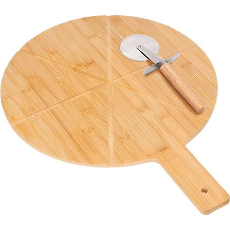 Plateau à Pizza en Bambou avec Coupe Pizza Bois Inox Découpe Précis Cheffinger Marron clair (1/5)