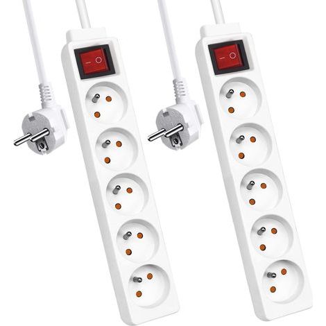Pack of 2 5-Outlet Power Strips with Switch, 1.5M H05VV-F Cable, Child Safety Protection, White (1/5)