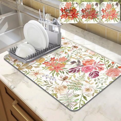 Tapis de cuisine absorbant pour la vaisselle, 30 x 50 cm, avec pétales de rose rose.