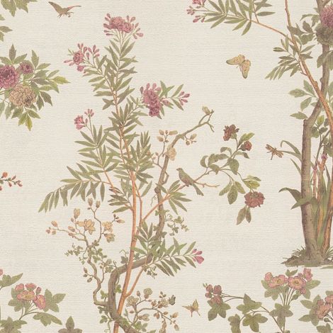 Carta da parati floreale Profhome 790433 Carta da parati TNT goffrata a caldo leggermente strutturata con ornamenti floreali opaca crema verde-oliva marrone rosa 5,33 m2