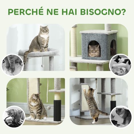 Arbre à chat multi-niveaux gris, 132 cm, cabane, hamac, griffoirs, brosse et balle inclus.