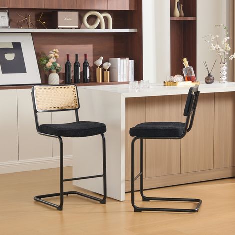 Lot de 2 tabourets de bar sans accoudoirs, dossier en bois et rotin, assise rembourrée, métal peint - noir (1/5)
