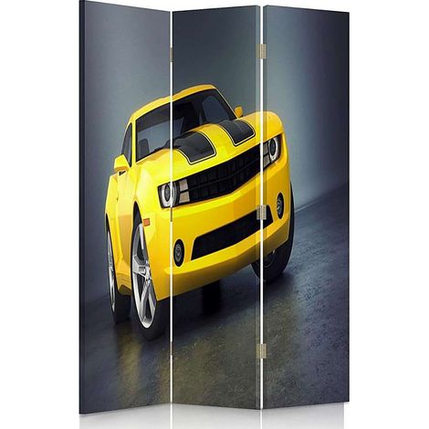 Paravent Design Voiture Jaune pour Intérieur Moderne - 110 x 180 cm - 1 face déco, 1 face noir (1/5)