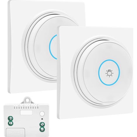 Lot d'interrupteurs d'éclairage sans fil RF étanches - Sans batterie - Avec récepteur - Pour l'intérieur et l'extérieur (2 interrupteurs et 1 récepteur)