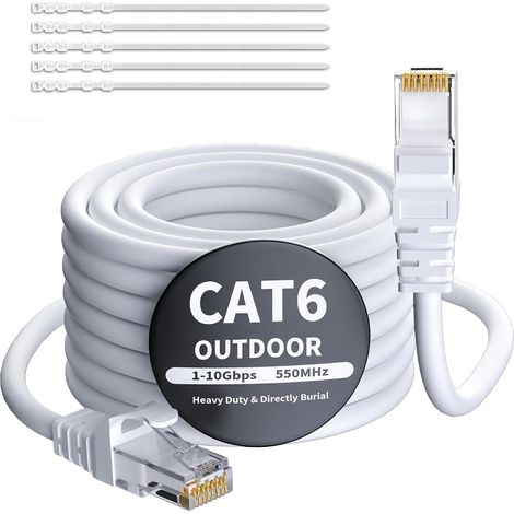 Câble Ethernet CAT 6 - 10 m - Blanc - Pour l'extérieur et l'intérieur - Étanche - Pose directe - Câble réseau Gigabit - UTP, CCA - RJ45 - Pour caméra POE, routeur, modem, commutateur + 25 (1/5)