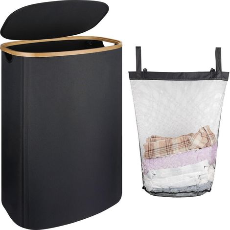 Panier à linge 100L pliable avec couvercle, bambou, noir (1/5)