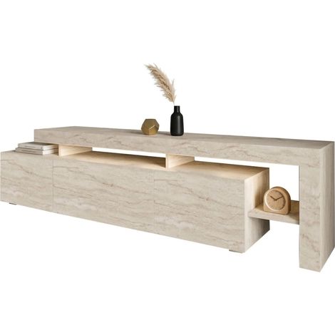 Mobile Porta tv Trasacco, un Ripiano, Apertura Battente, a Ribalta, 3 Ante, 192x37x53h cm Beige Marmo