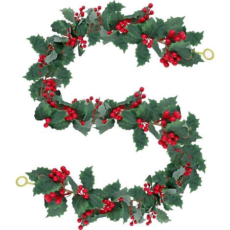 Künstliche Weihnachtsbaumgirlande mit roten Beeren, 172 cm, mit Stechpalmenblättern, für Tisch, Kamin, Treppe, Tür und Garten. Ideal für die Winterdekoration in Grün/Rot. (1/5)