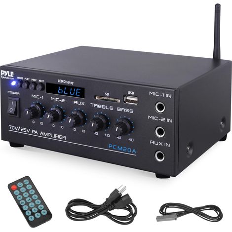 Amplificateur Audio Compact 40 W Bluetooth pour Maison et PA, Entrée AUX, 2 Entrées Micro avec Talkover, Sorties Haut-Parleurs 8 Ohms / 25 V / 70 V, Réglages Graves/Aigus (1/5)