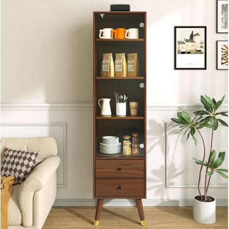 Vitrine haute en MDF avec porte vitrée, 3 étagères réglables et 2 tiroirs, noyer DESVIAE (1/5)