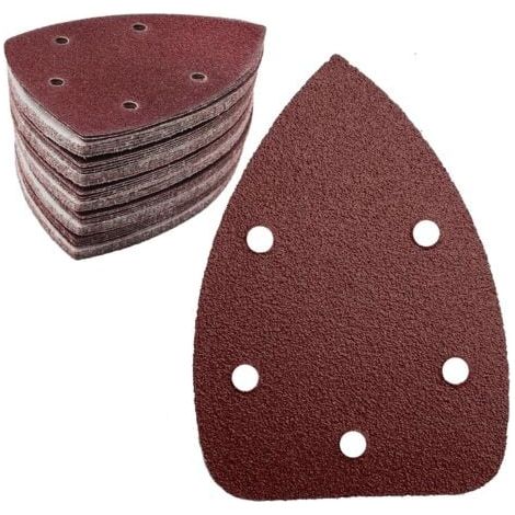 Lot de 50 feuilles de papier abrasif triangulaire, grain 80, 5 trous, papier abrasif auto-agrippant, pour ponceuse triangulaire 140 x 100 mm (1/5)