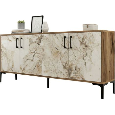 Dmora - Credenza Agape, Buffet da soggiorno, Madia da salotto, Dispensa da cucina, 180x35h78 cm, Noce e Bianco Marmo