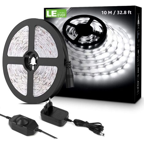 10M Ruban LED Dimmable, Bande LED Blanc Froid 6000K 600 LEDs SMD 2835, 12V Bandeau LED Autocollant avec Variateur, Connecteurs+Transformateur, Éclairage Intérieur pour Meuble, Escalier, Cuisine [Class (1/4)