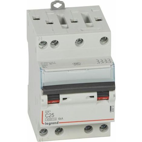 Disjoncteur DX³4500 6kA arrivée haute et sortie basse par borne à vis - tétrapolaire 400V 25A courbe C - 3 modules - LEGRAND