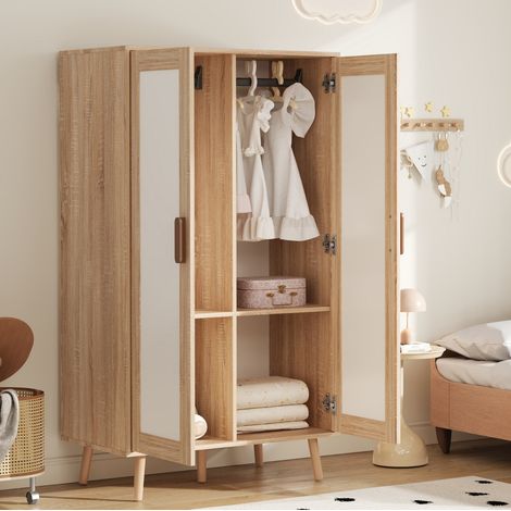 Kleiderschrank aus MDF in Weiß und Naturholz-Optik, 2 Türen mit Kleiderstange, 80 x 46 x 141,5 cm (1/5)