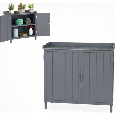 CHICFURN Armoire de jardin avec plan de travail, meuble de rangement extérieur 2 portes en bois et métal galvanisé, table de rempotage grise pour balcon (1/5)
