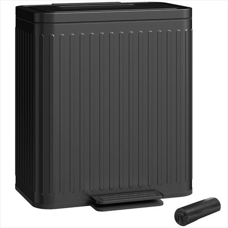 Poubelle double compartiment 2 x 20 L en métal noir, pédale et couvercle à fermeture douce, cuisine (1/5)