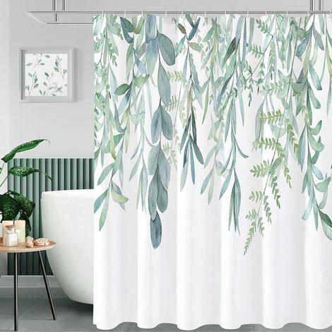 Cortina de ducha extralarga de 72 x 84 pulgadas, con estampado de salvia primaveral, hojas de eucalipto y plantas suculentas, de tela impermeable, ideal para la decoración del baño.