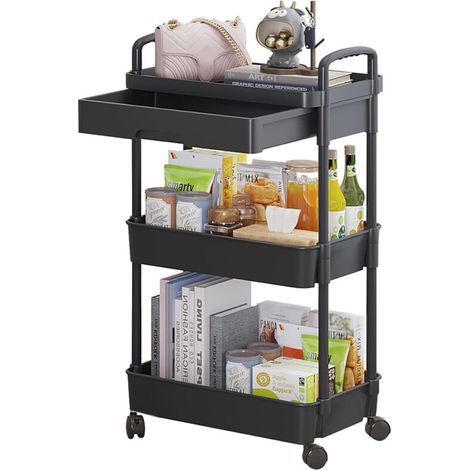Chariot de rangement à roulettes 3 niveaux avec tiroir, étagère plastique et fer, design creusé antidérapant, capacité 20kg/étage, pour cuisine salle de bain bureau - Noir (1/4)