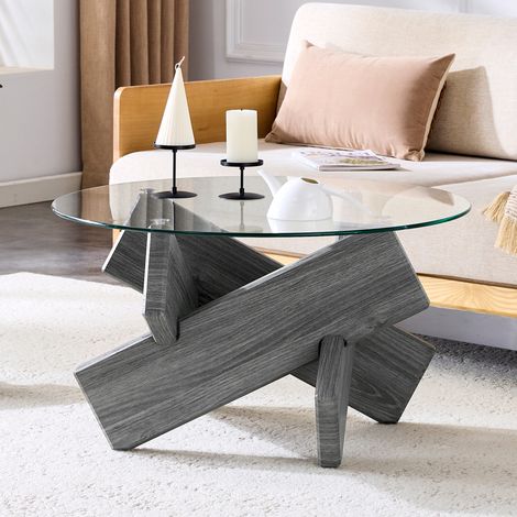 Table basse ronde 79x79x45 cm gris en MDF et verre avec piètement croisé (1/5)