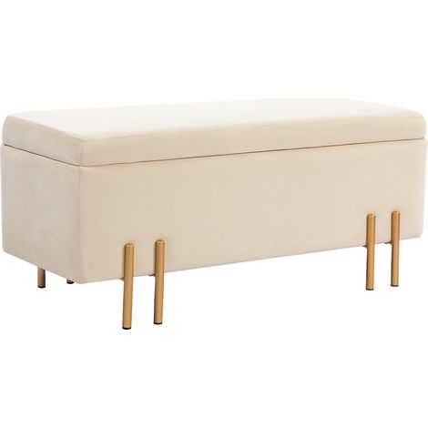 Banquette rembourrée avec espace de rangement, coffre-banquette, mousse, métal, bois d'hévéa, 100 x 40 x 42 cm, beige