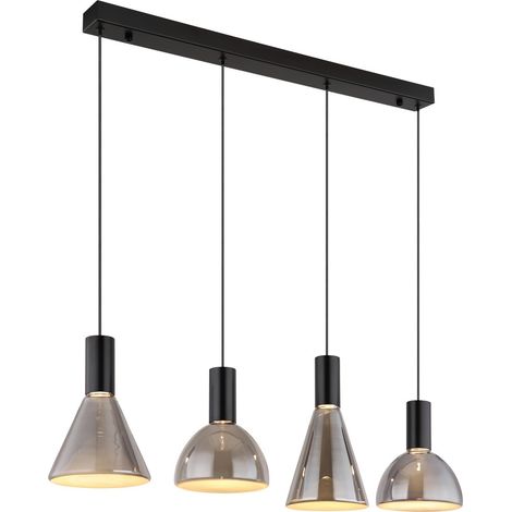 Globo Labora Plafonnier suspendu de bar, abat-jour en verre fumé noir mat, 4 LED 3000 K