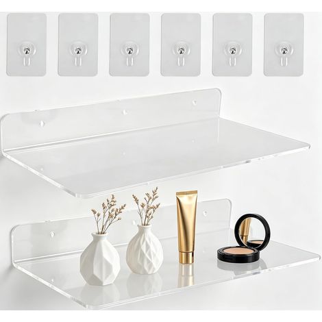 Lot de 2 Étagères Murales Transparentes Acrylique sans Perçage En acrylique, fixation adhésive sans perçage, design transparent, pour douche ou cuisine, idéal petits objets (1/5)