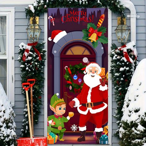 Nouvelle décoration de porte de Noël, motif Père Noël pour jardin, cour ou extérieur - 90 x 180 cm (perforée + ruban) - 24