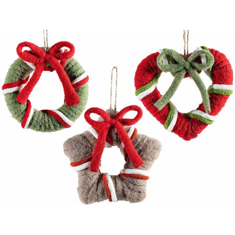 Decorazioni natalizie in stoffa da appendere con fiocco, a forma di ghirlanda / stella / cuore, set da 6 pezzi, Cuore: cm 14 x 13 H