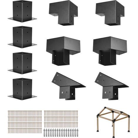 Kit Support de Pergola, Lot de 14, Support de Poteau Bois 92x92 mm, Supports d'Angle à 3 Voies, à 4 Voies, 4 Bases de Poteaux, pour Poutres Bois Standard Toit Incliné, Banquet Fête en Plein Air (1/5)