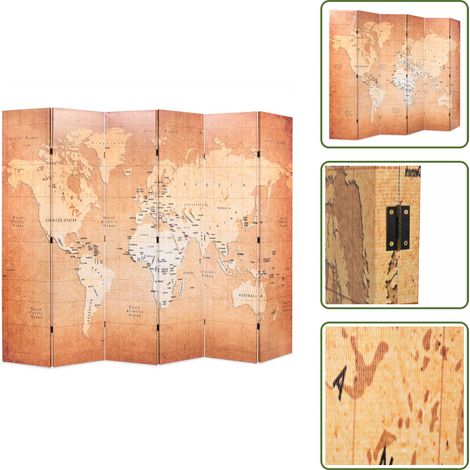 Cloison de séparation pliable 228 x 170 cm Carte du monde Jaune - Cloison De Séparation - Paravent - Écran De Dressing - Décoration Murale - Séparation D'espace (1/5)