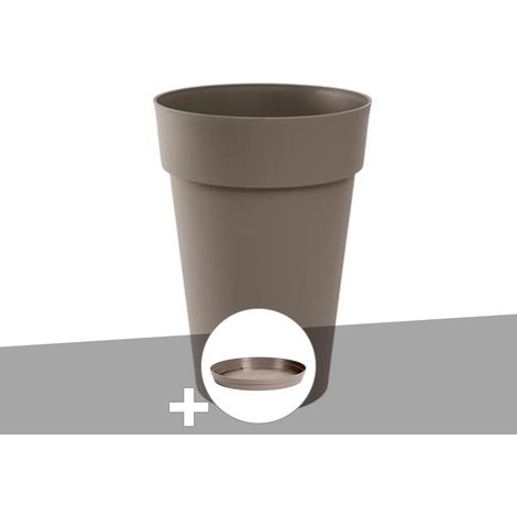 Pot de fleur rond Toscane Ø 46 x H.65 cm Taupe + Soucoupe - Eda