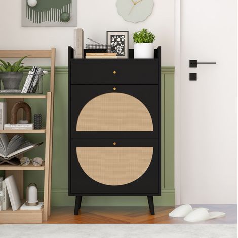 Scarpiera in truciolare nero con 2 ante e 1 cassetto, frontali effetto rattan, ripiano interno rimovibile, 60 cm (1/5)