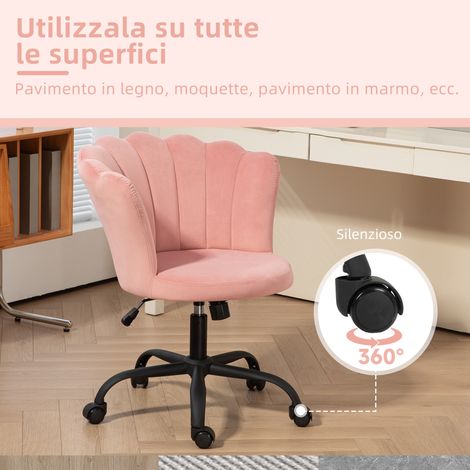 Fauteuil de travail rose velours, dossier en forme de pétale réglable en hauteur, sans bras, usage professionnel (1/5)