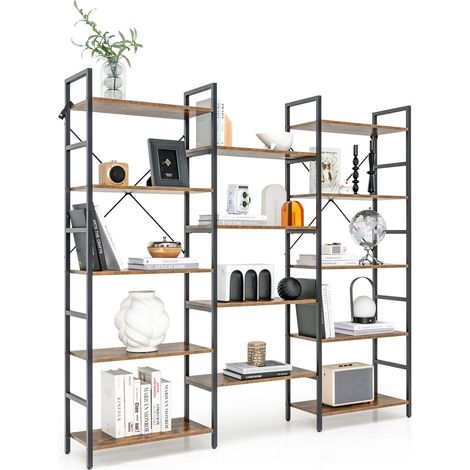 5-tier Industrial Bookshelf 14 Open Shelves Large Triple Floor Standing Bookcase (1/5)